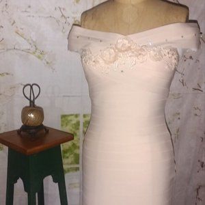 Off Shoulder Light Peach & Rhinestone Bodycon Dress